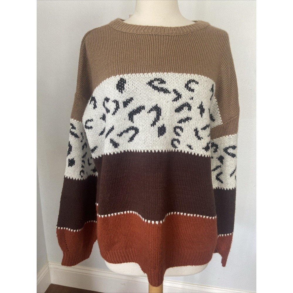 Angashion‎ Sweater Womens Large Color Block Animal Print Pullover Crewneck
